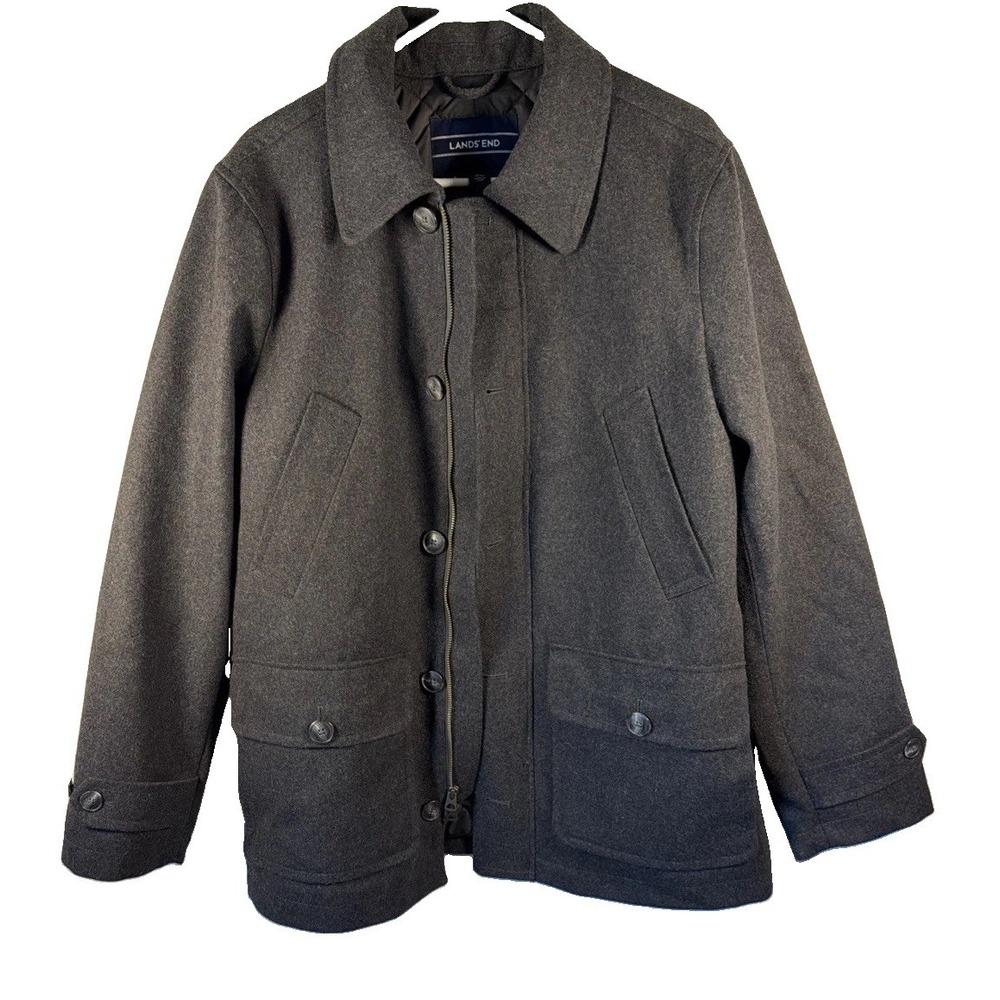 Mens M Coat Wool Blend Field, Lands End, Charcoal Gray, Quilted Barn Jacket